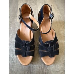 Eric Michael Black Suede Leather Sandals 37 US 7 Portugal Block Heel Ankle Strap